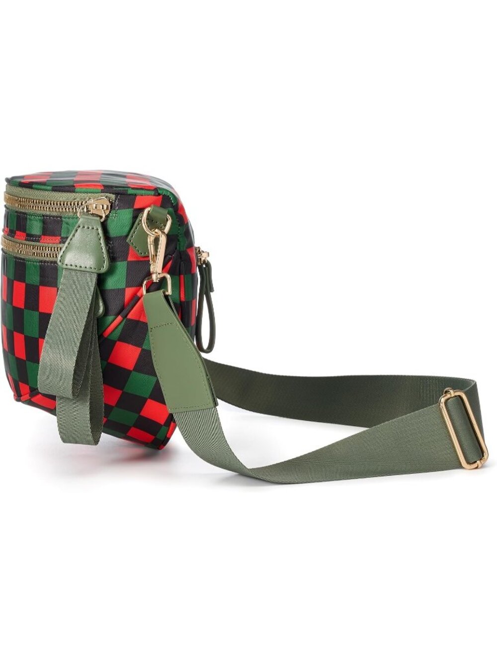 Women's Red Green Check Nylon Spacious Bum Bag Travel Purse Crossbody Bag - Picture 2 of 5